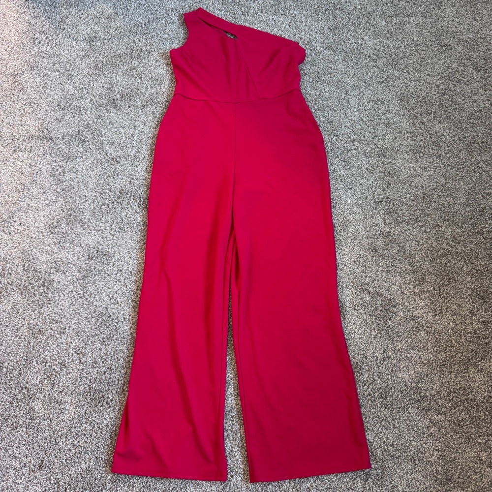 Crystal Sky One Shoulder Red Jumpsuit Womens Size XL Pockets Back Zipper Closure